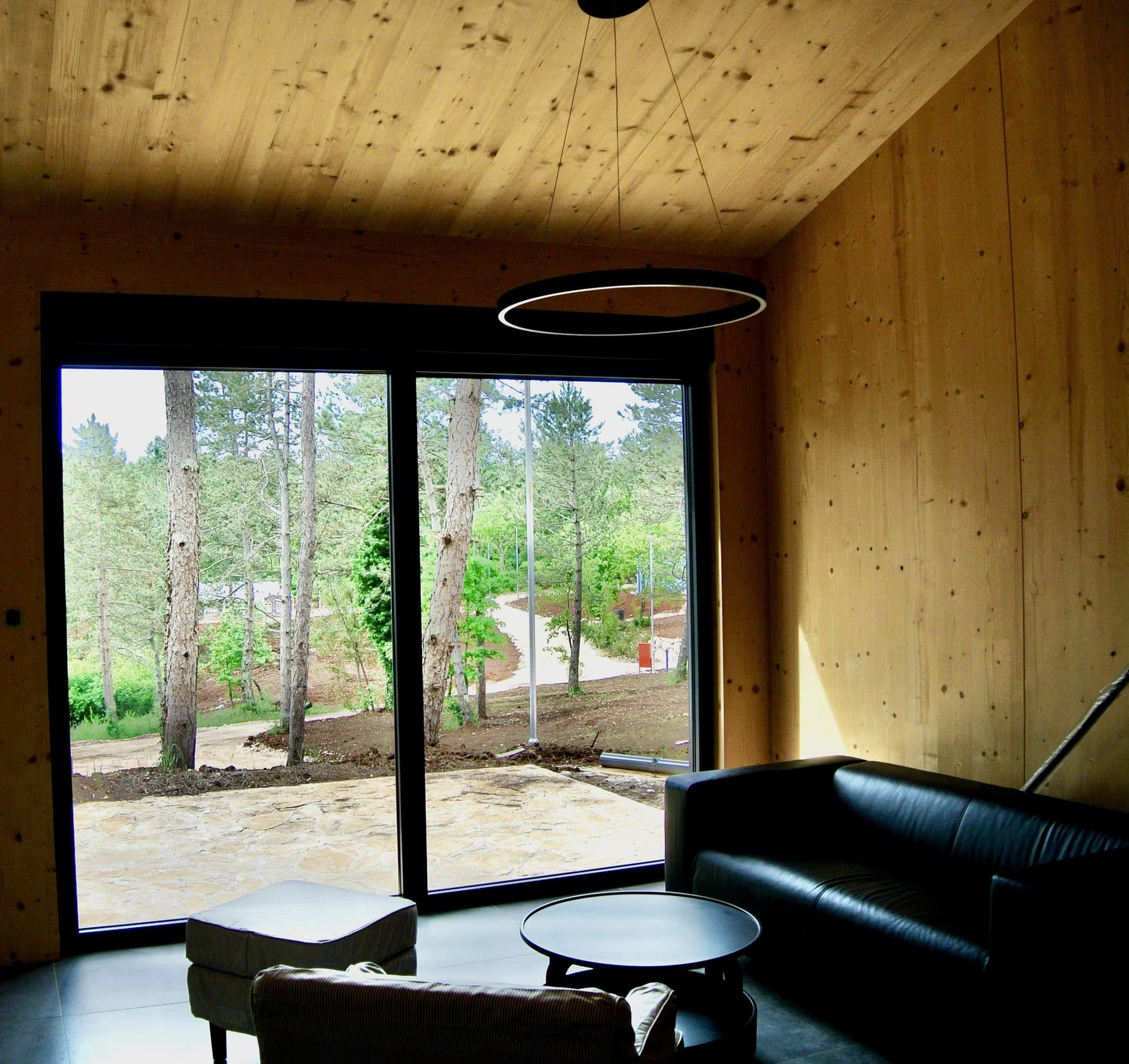 The interior of a completed home, looking out through full-height glazing into the pines