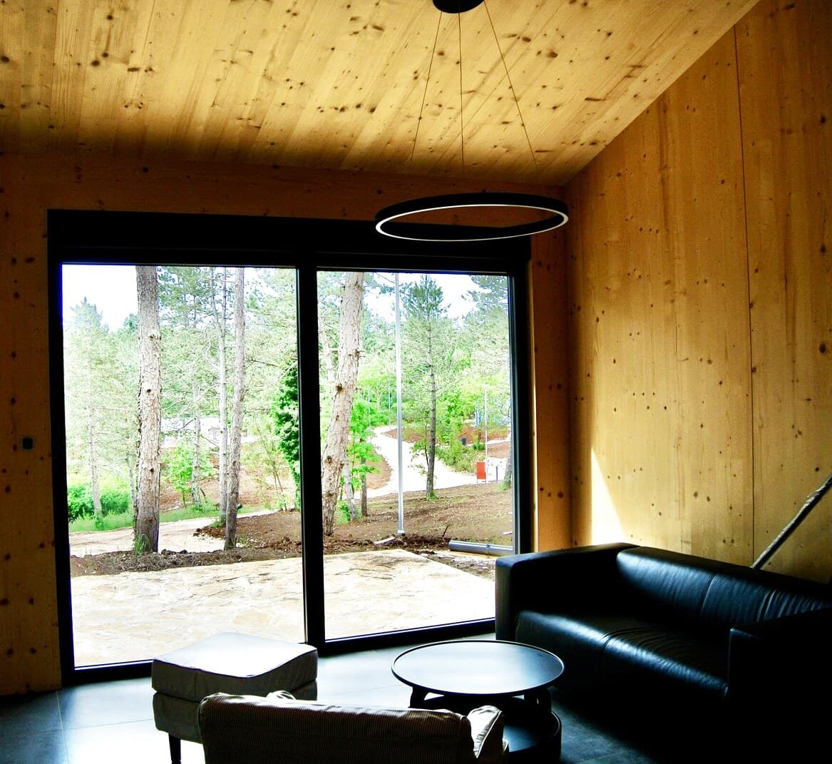 The interior of a completed home, looking out through full-height glazing into the pines